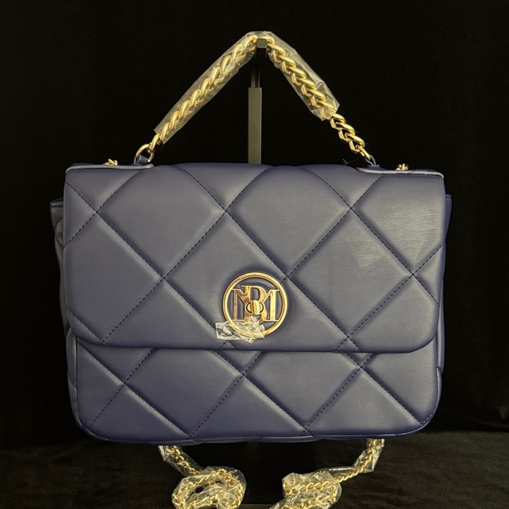 Badgley Mischka Navy Quilted Shoulder Bag with Gold Details